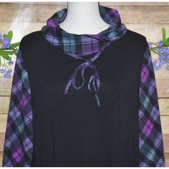 Bulotus Black & Purple Plaid Tie Up Cowl Neck Thin Knit Shirt Top Size XL Tunic - Picture 2 of 9